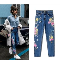womens spring and autumn new street flowers birds flowers front and back embroidery high waist slim washed straight jeans