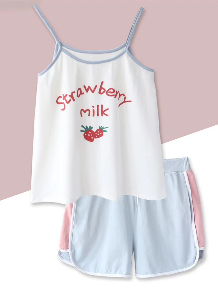 

Girly Cute Suspender Suit Japanese Fresh Cotton Home Clothes Female Kawaii Strawberry Strap Sexy Pajamas Summer Home Cool Wear