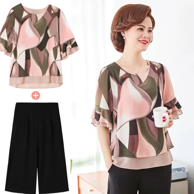 

Summer Clothes Chiffon Top Shirt Two-piece Suit Middle-aged Women's 2022 New Sets Wide-leg Pants Suits Femme Y853