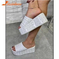 karinluna trendy new women slippers white rivet wedges high heels platform open toe shoes woman 2022 summer concise lady slipper