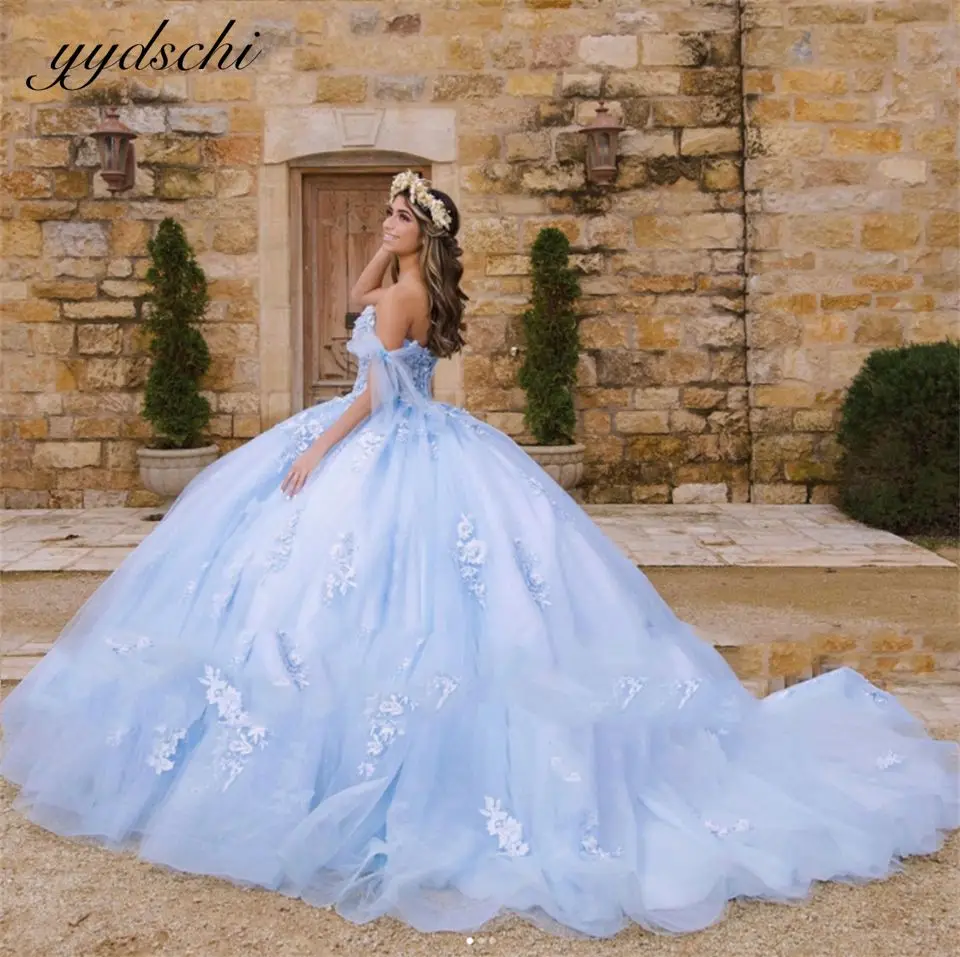 

Blue Off The Shoulder Sweetheart Quinceanera Dresses 2022 Tulle Beading Appliques Ball Gown Graduation Party Gown Vestidos De 15