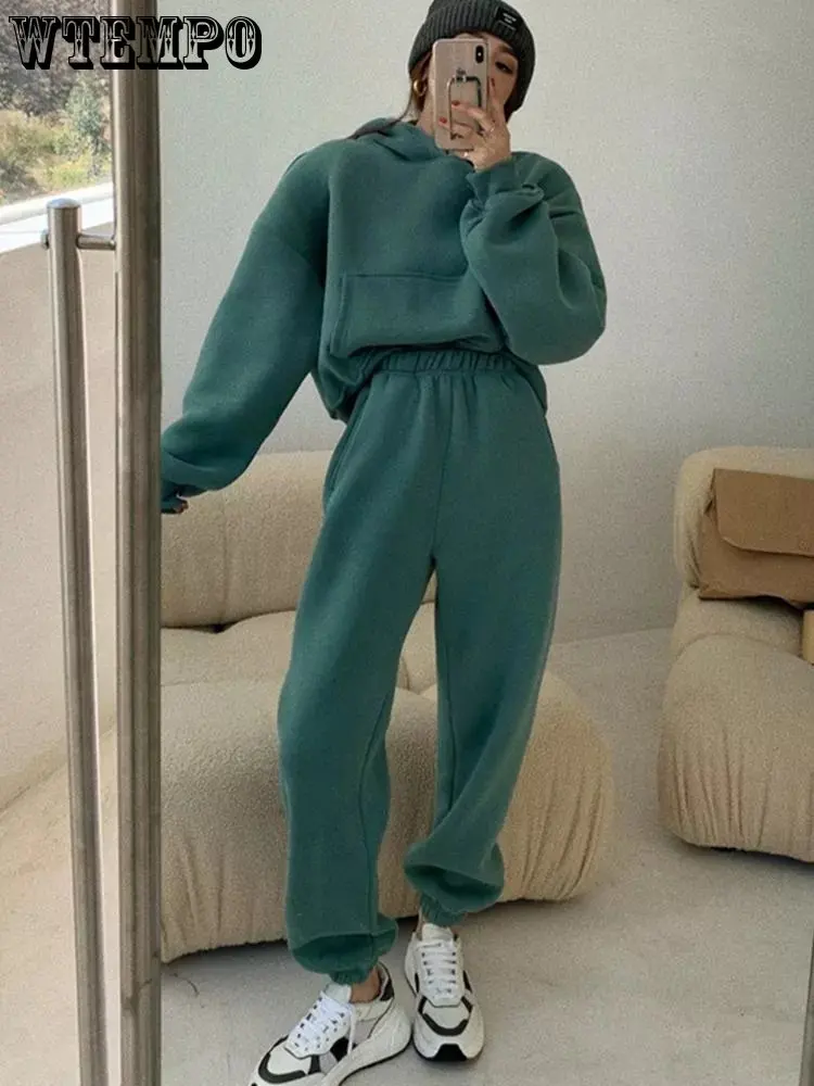 

Casual Tracksuit Fleece Thickened Hooded Sweater Leggings Two Piece Set Women's Autumn and Winter Fashion Y2k Loose Sportswear