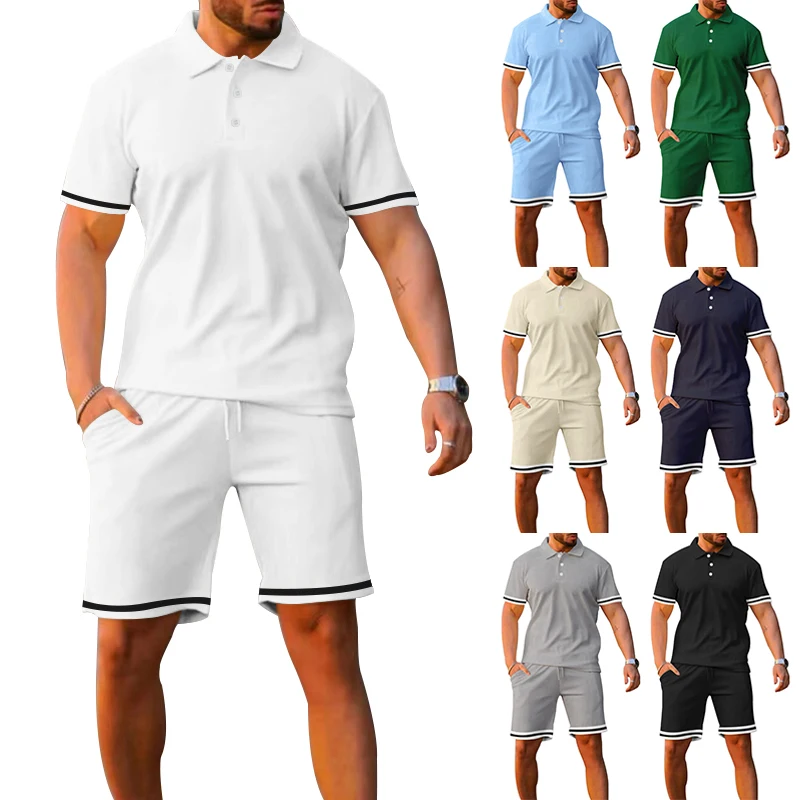 

2023 Men's Set Round Neck Casual Top+Sports and Fitness Drawstring Shorts Boutique Two Piece Set