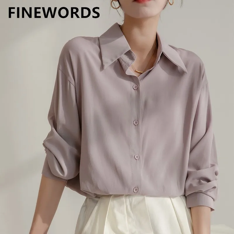 

FINEWORDS Elegant Long Sleeve Korean Purple Blouse Women Harajuku Loose Casual Chiffon Blouses Vintage Office Basic Work Shirts