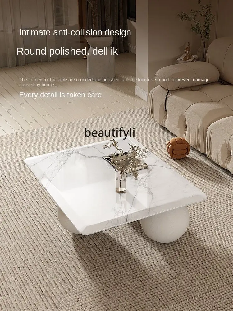 Cream Style Natural Marble Tea Table Silent Small Apartment Modern Simple Solid Wood | Coffee Tables