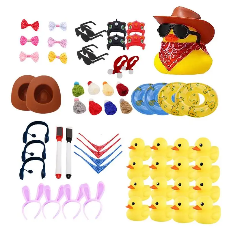 

56PCS Mini Ducks Yellow Dress Up Set Mini Rubber Duck DIY Bath Shower Toys With Accessories For Kids Bath Toy Birthday Party