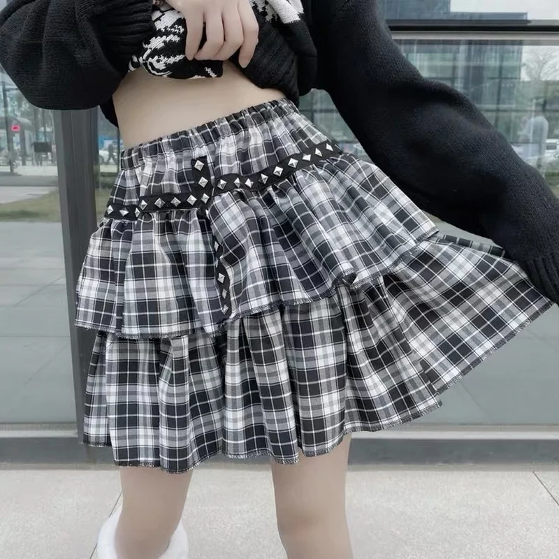 HOUZHOU Gothic Mall Goth Plaid Skirt Women Harajuku Punk Rivet Black Double-layer High-waisted Mini Skirts Dark Academia Grunge