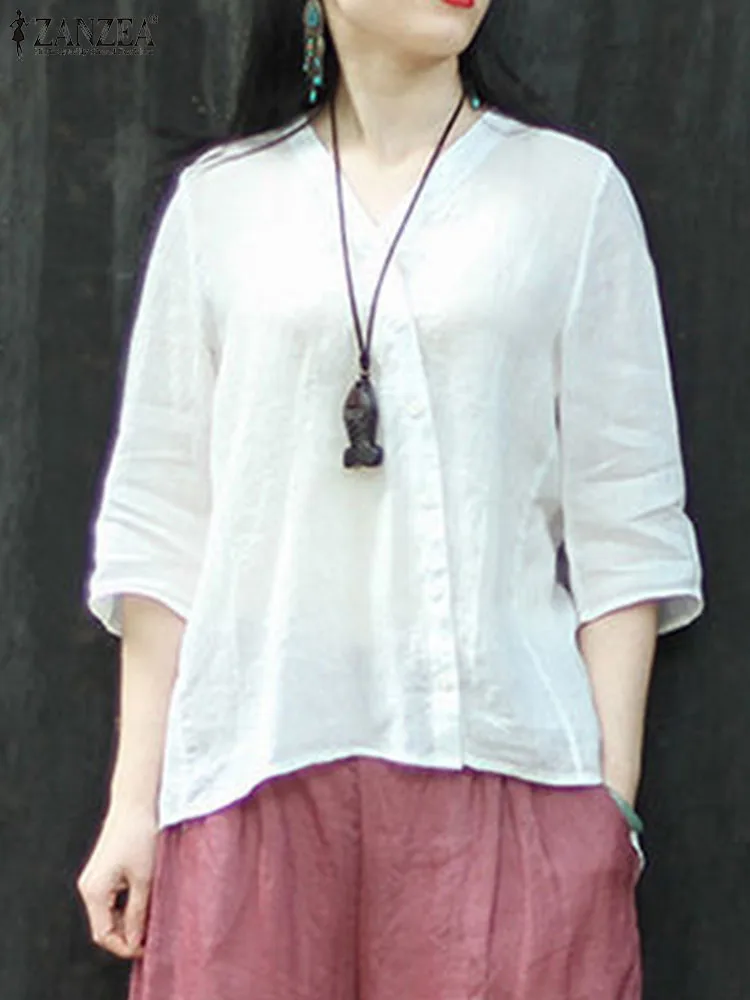 

2023 ZANZEA Women Casual Shirt Vintage Solid Cotton Blouse Female Loose 3/4 Sleeve V Neck Buttons Down Blusas Work Tops Tunic