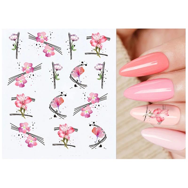 

Water Transfer Stickers Elegant Black Lines Pink Florals Nail Decals Decoration For Nail Art Manicure Beauty