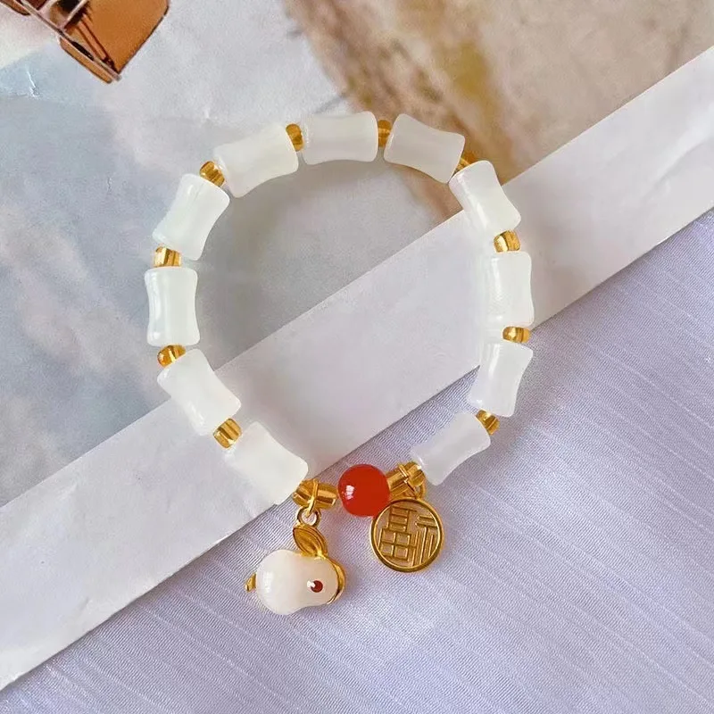 

Vintage Simple Crystal Bamboo Couple Bracelet for Women Niche Design Chinese Style Rabbit Pendant Bracelet Friendship Jewelry