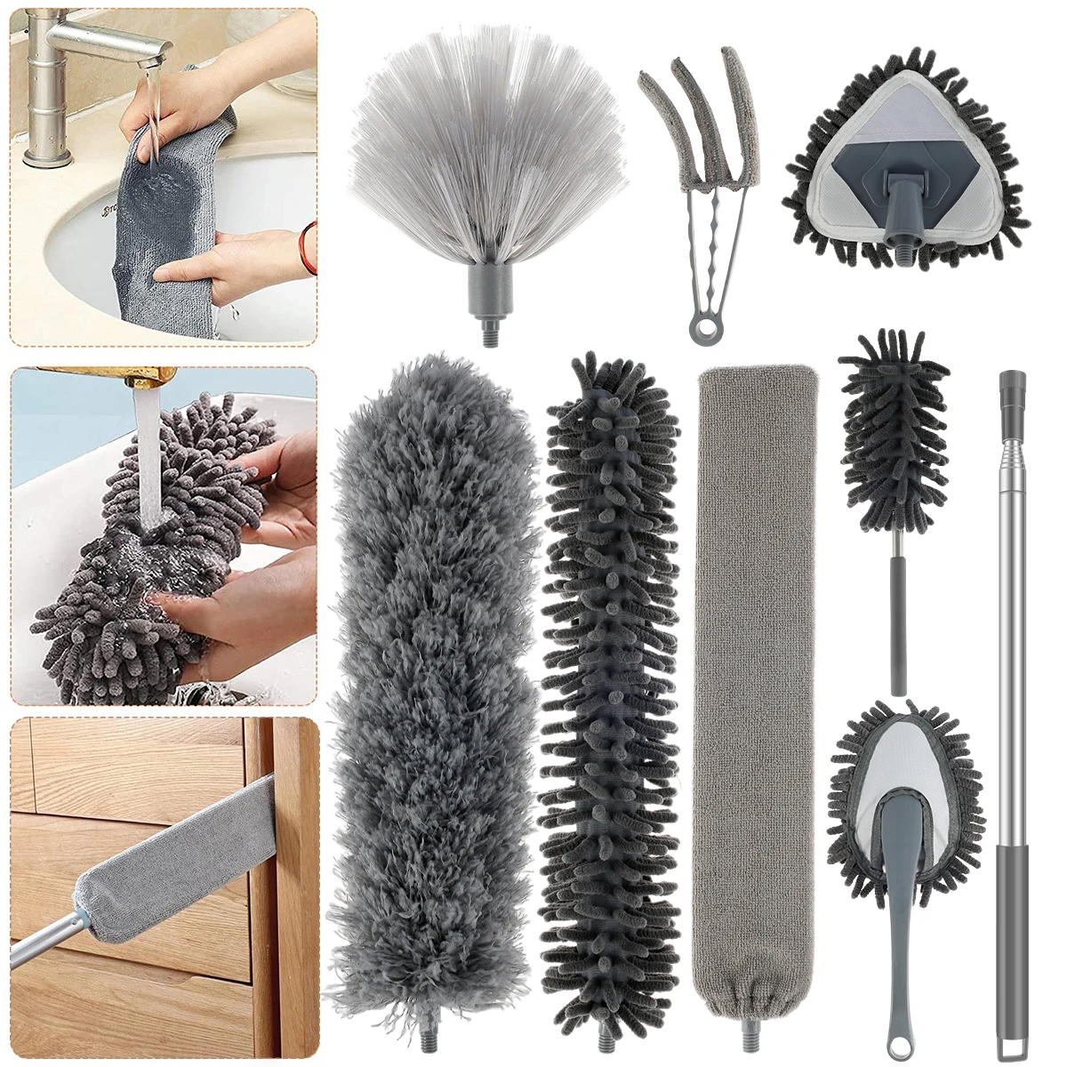 9 Pcs Microfiber Feather Duster Extendable Telescoping Extension Pole to 100 Inches Bendable Microfiber Duster Washable