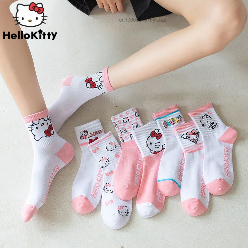 

4 Pairs Sanrio Hello Kitty Socks New Cartoon Women's Breathable Cotton Socks Cute Anime Pattern Girl Combed Cotton Female Socks
