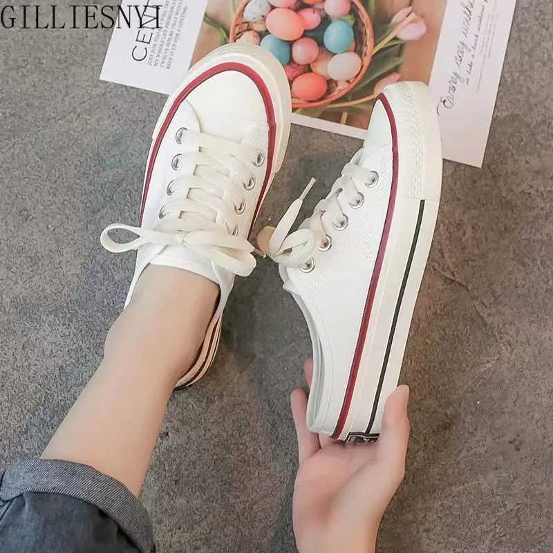 

2022 New Women Vulcanized Sneakers Breathable Flat Casual White Shoes Woman Spring Summer Canvas Half Slippers Women's Shoes