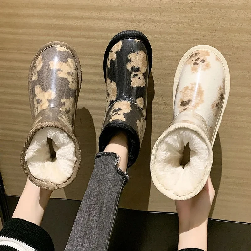 

Designer Fashion Luxury Candy Color Ankle Boots Women Waterproof Rain Snow Boots Winter Plush Warm Clear Platform Flat Shoes