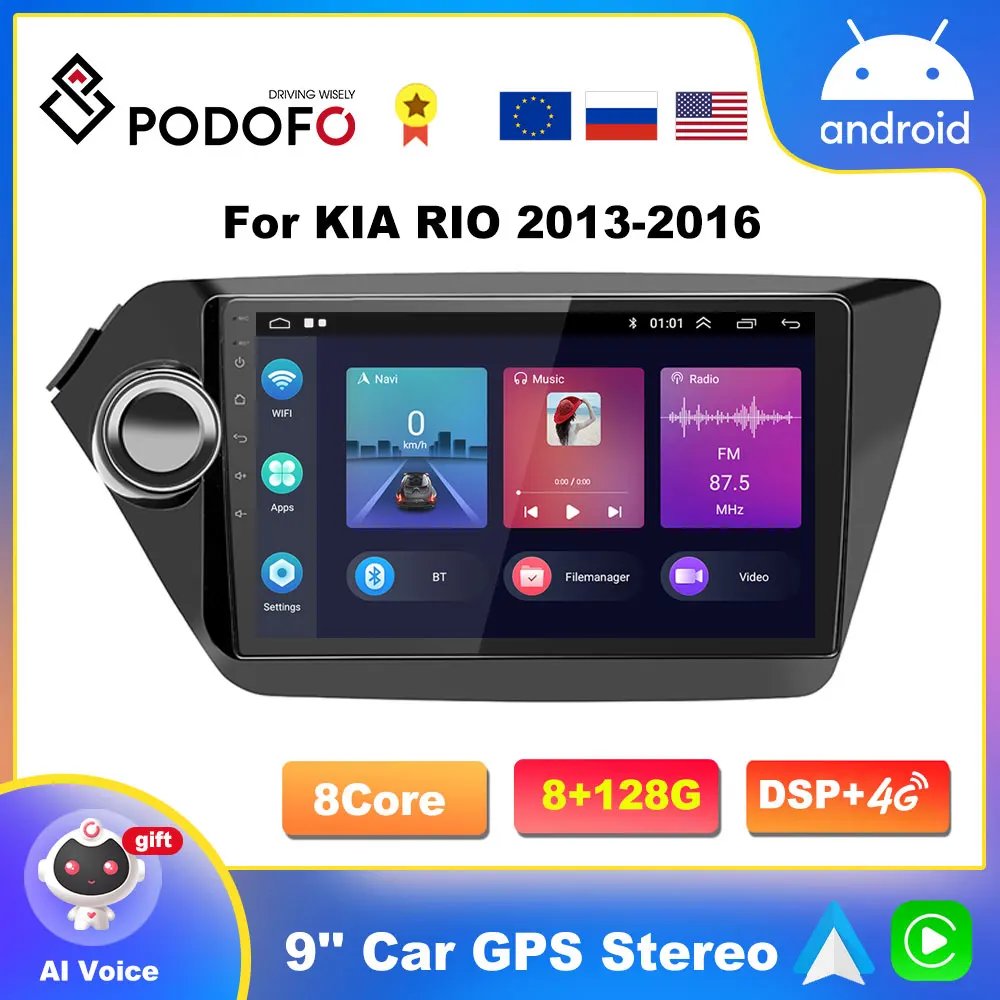 Podofo 2Din Android 10 4G+WiFi Car Radio Multimedia DVD Player GPS Navigation for Kia RIO 3 2013-2016 Stereo 2.5D+IPS Head Unit