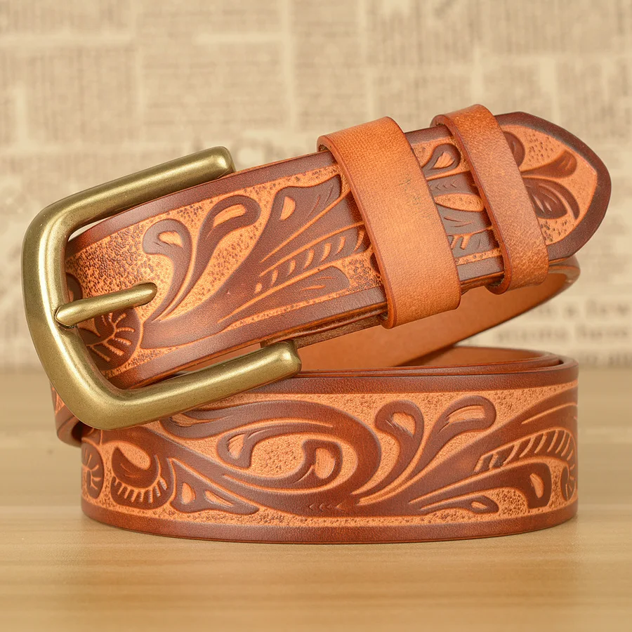 New Luxury Belt Men's Fashion Top Layer Cowhide Copper Buckle Casual Belt Personalized Carved Genuine Leather Wide Jeans Belt