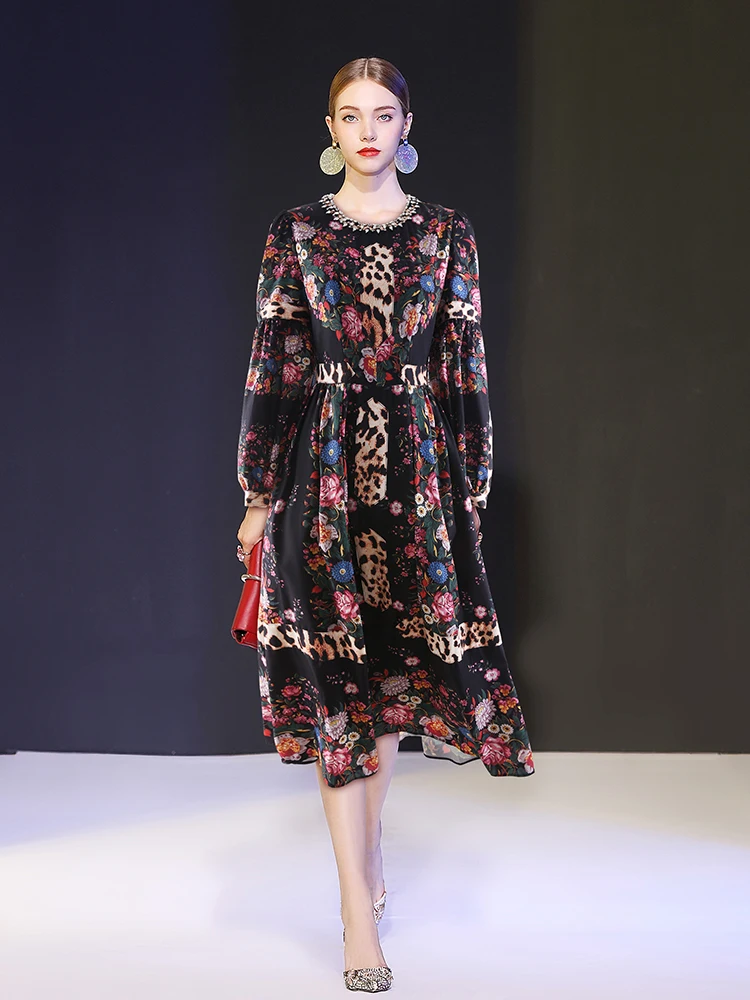 

Женское платье с леопардовым принтом, длинная юбка в ретро-стиле для отпуска с круглым вырезом и длинным рукавом, инкрустированными бриллиа...