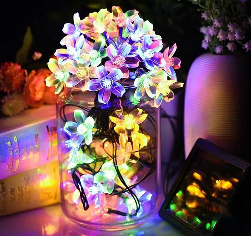 

D2 Solar Fairy String Light LED Lamp Sakura Garlands 5/7/12 Peach Flower Cherry For Wedding Party Garden Christmas Outdoor Decor