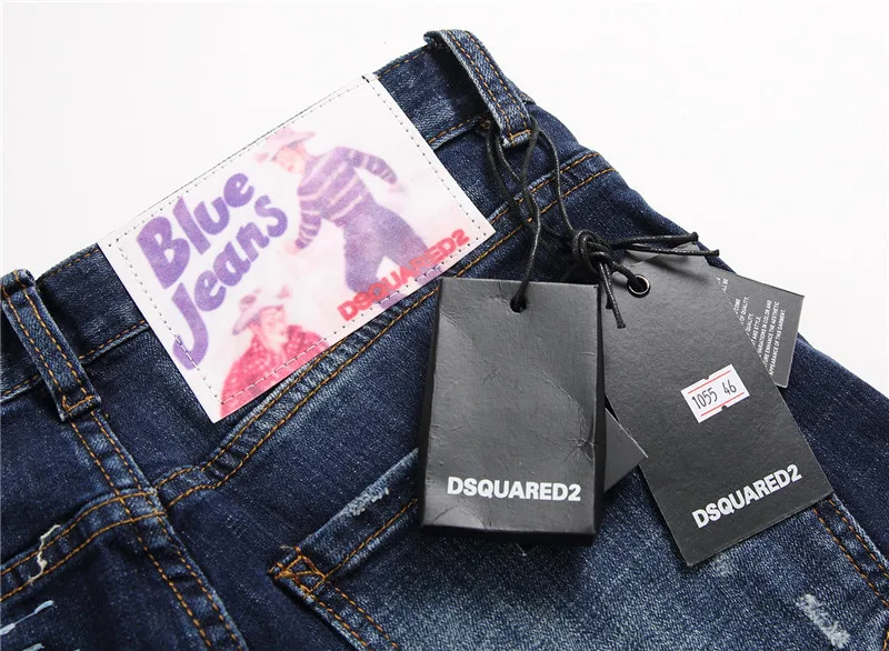 Classic new Dsquared2 tattered splash paint men's self-cultivation hole patch elastic D2 jeans skinny beggar pants 1055