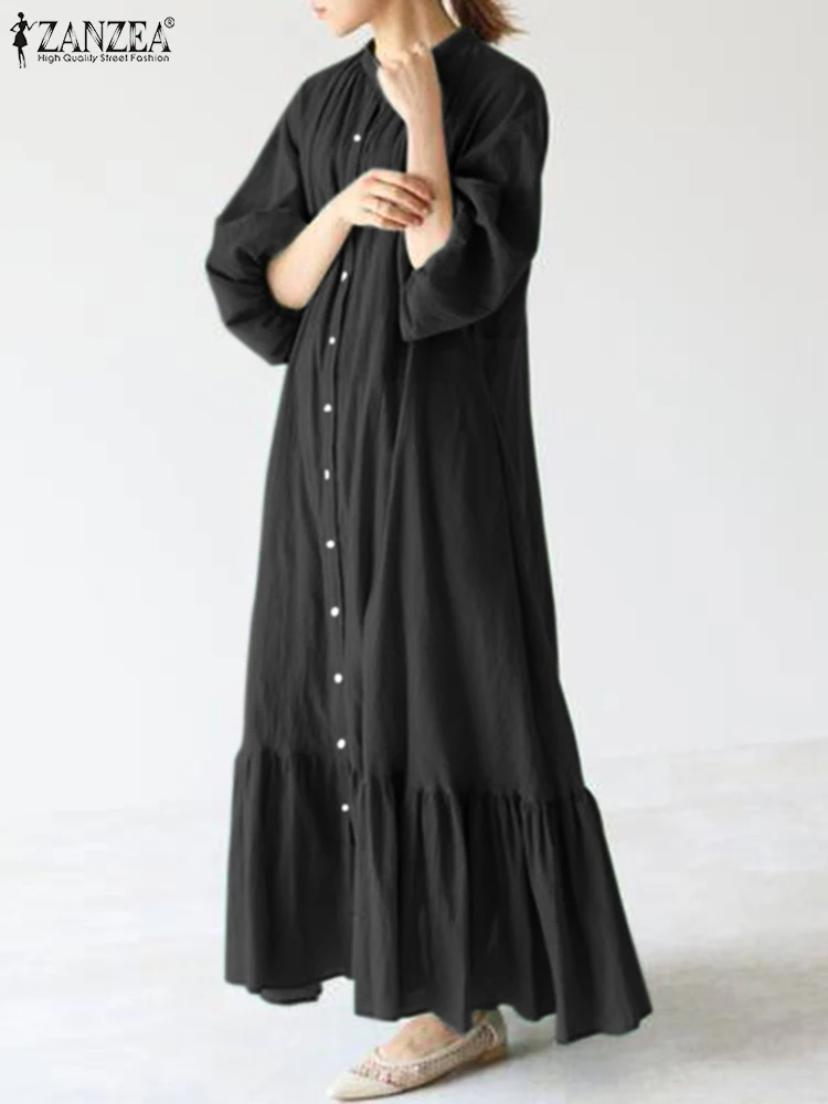 

ZANZEA Summer Stylish 3/4 Sleeve Solid Sundress Women Ruffle Maxi Vestidos Casual Buttons Down Shirt Dress Oversize Robe Femme