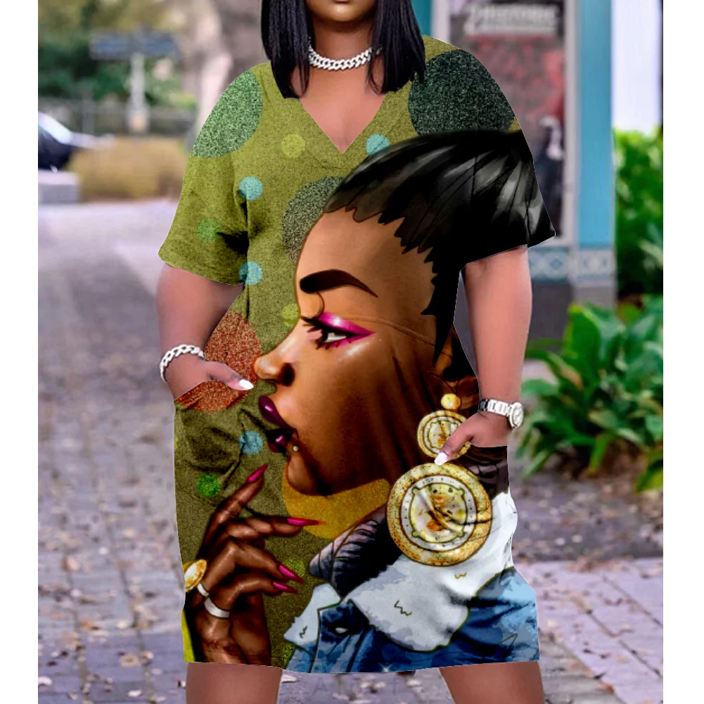 

Indian girls 3D printed pocket dress women's short sleeved dress Bohemia V-neck sexy women