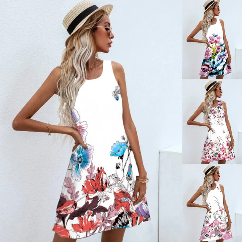 

Fashion Summer Women's New Round Neck Printed Casual Loose Dress Sleeveless A-line Skirt Folral Vintage Beach Boho Tank Dresses