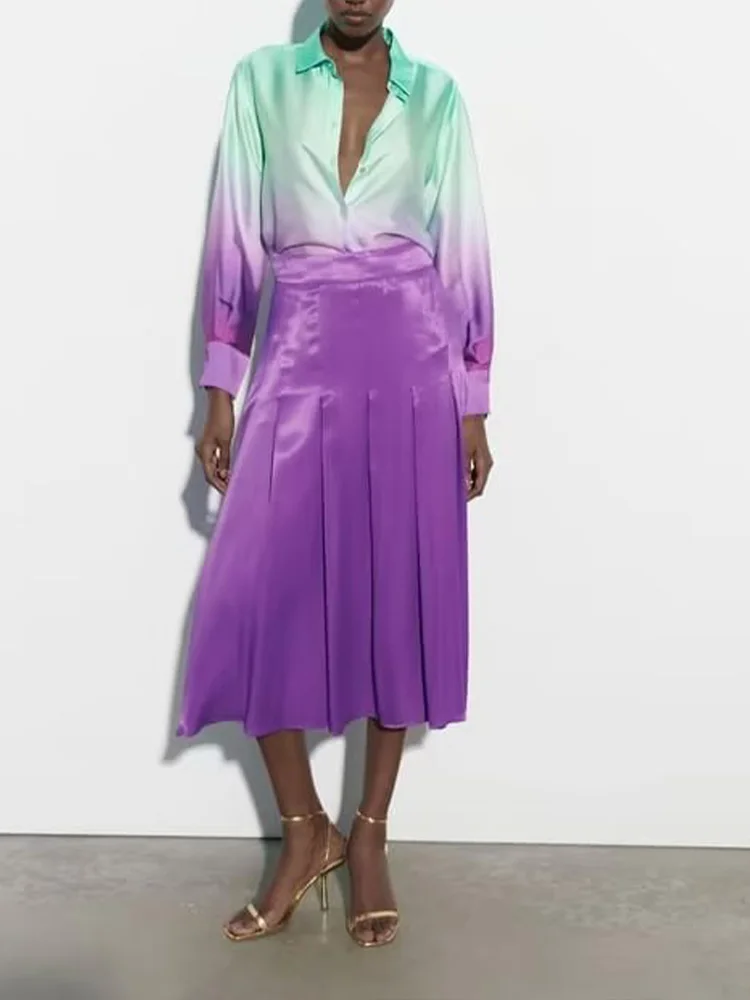 

Женская универсальная рубашка с отложным воротником и длинным рукавом, с принтом и завязкой-краской + фиолетовая атласная широкая плиссированная юбка с высокой талией, новинка на весну и лето