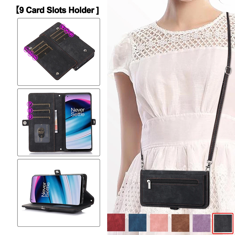 

Crossbody Zipper Wallet Phone Case for For OPPO Reno7 Pro 5G A16 A54 A94 F19 Pro + [9 Card Slot Holder] Lanyard Leather Cover