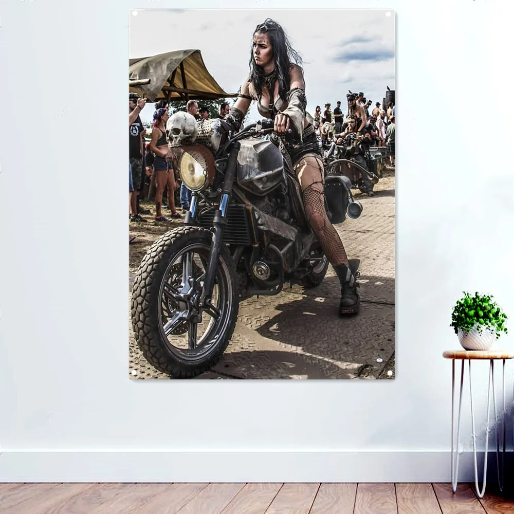 

Biker Girl Motorcycle Rider Wall Art Posters and Prints Banner Flag Painting for Men Cave Teen Boys Room Decor Mural Tapestry