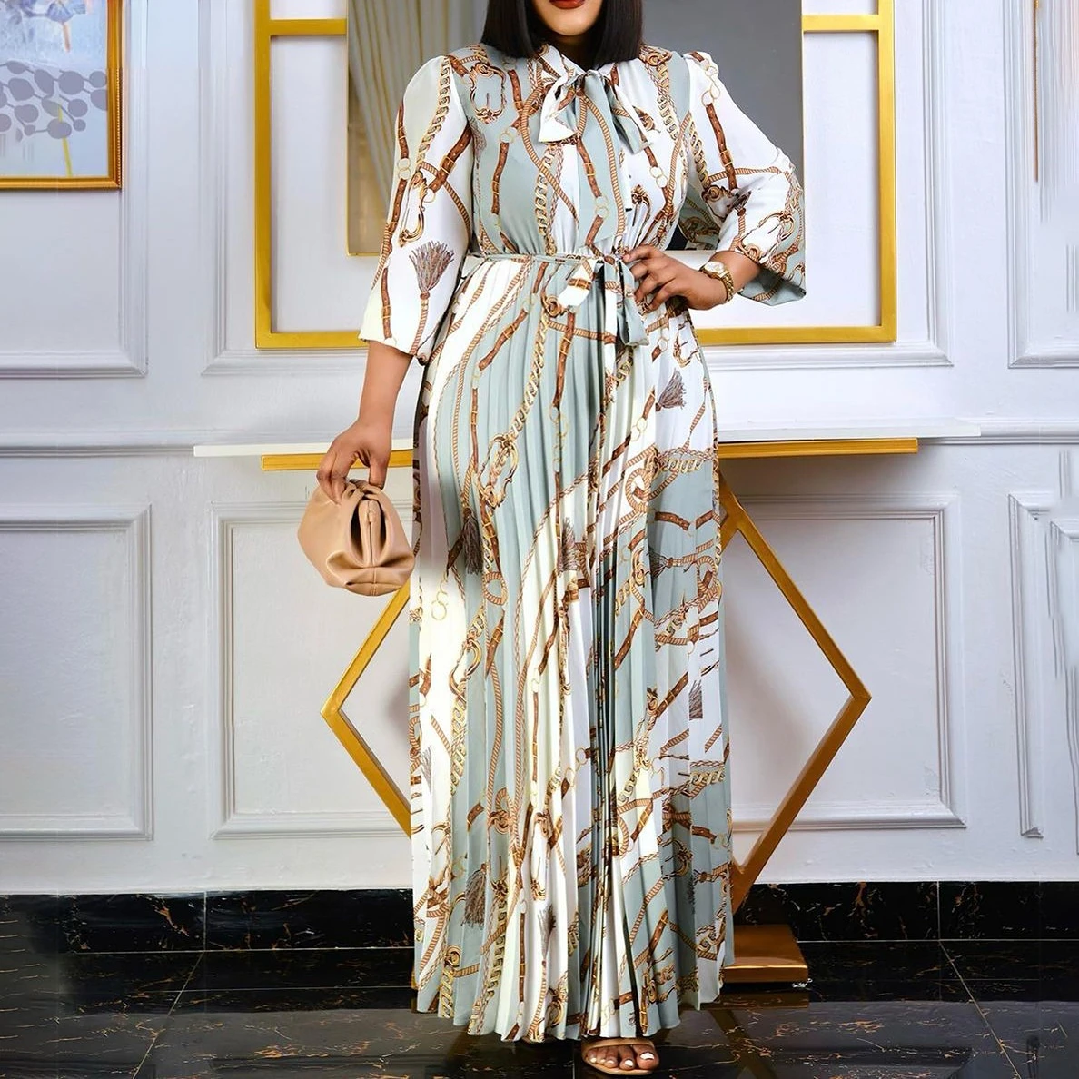 

RMZM Spring Print Pleated Dress Clubwear Dashiki Ankara Party Robe African Women's Dress