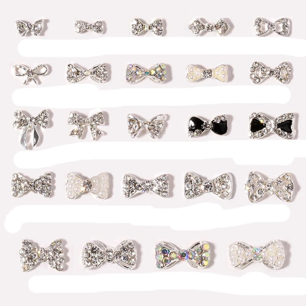 

10pcs Diamond Bowknot Nail Charm 3D Shiny Pearl Crystal Silver Alloy Edging Bow Ribbon Nail Jewelry Cute DIY Nail Decor Parts
