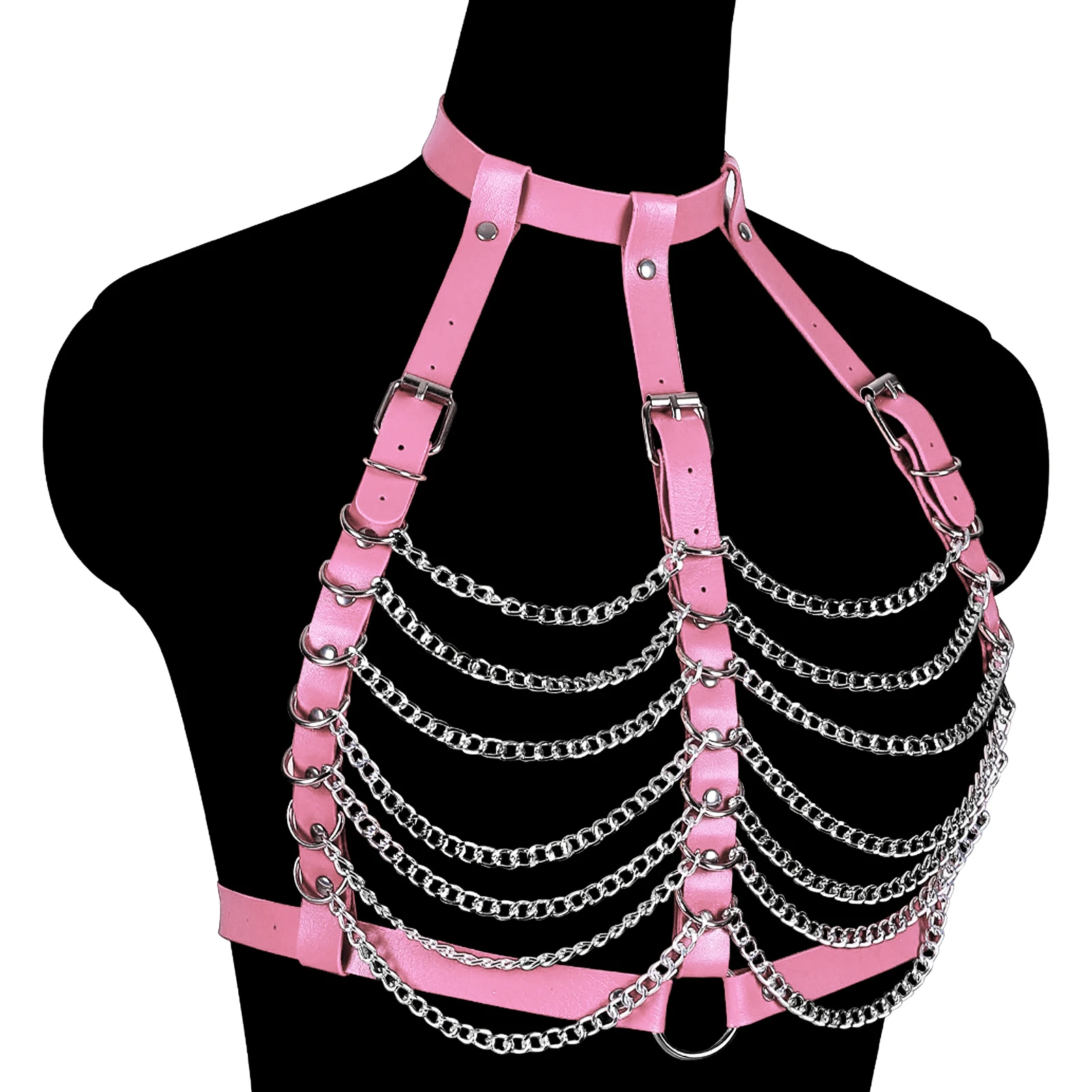Pink Fetish BDSM PU Leather Body Chain Harness For Women Bralette Garter Belt Cage Bra Sexy Lingerie Erotic Pole Dance Rave Wear