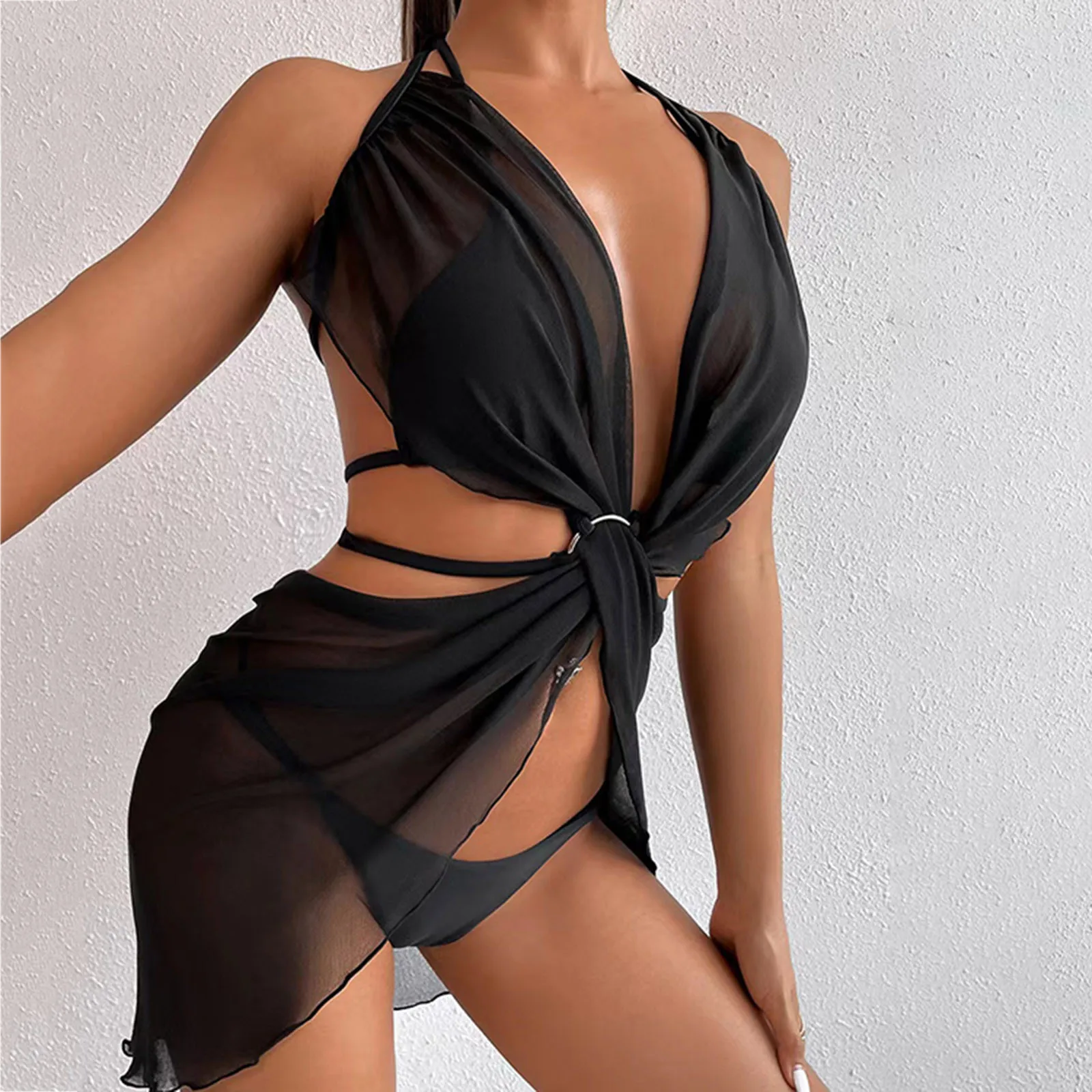 

Bikini Set 2022 Sexy Women Prints Swimsuit Open Back Cutout Halterneck Swimsuit Three Pieces Bikini Beachwear Swimwear biquíni