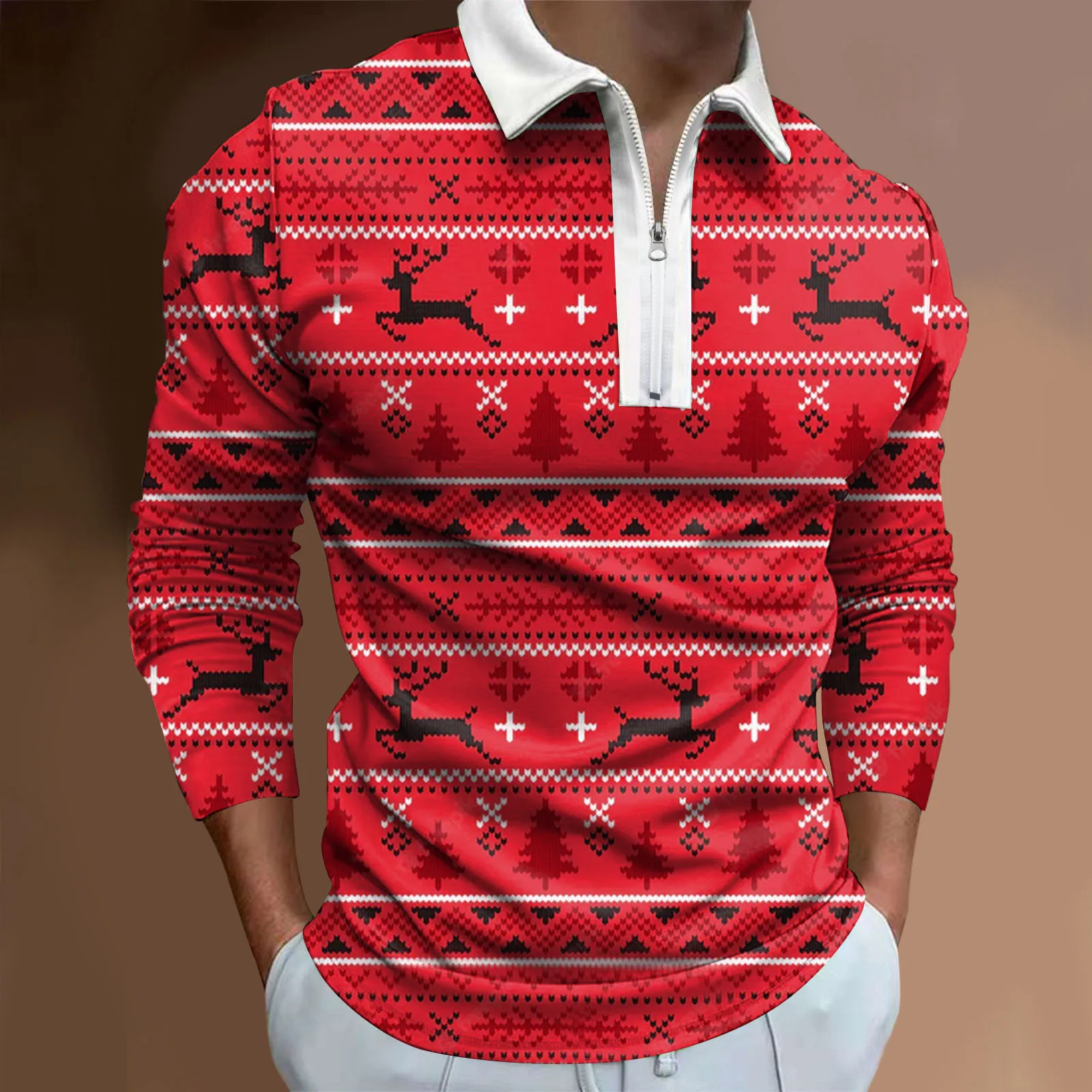 

Mens Christmas Leisure Comfortable 3D Digital Printing Holiday Lapel Half Zipper Shirt Long Sleeve Shirt Top Running Shirts