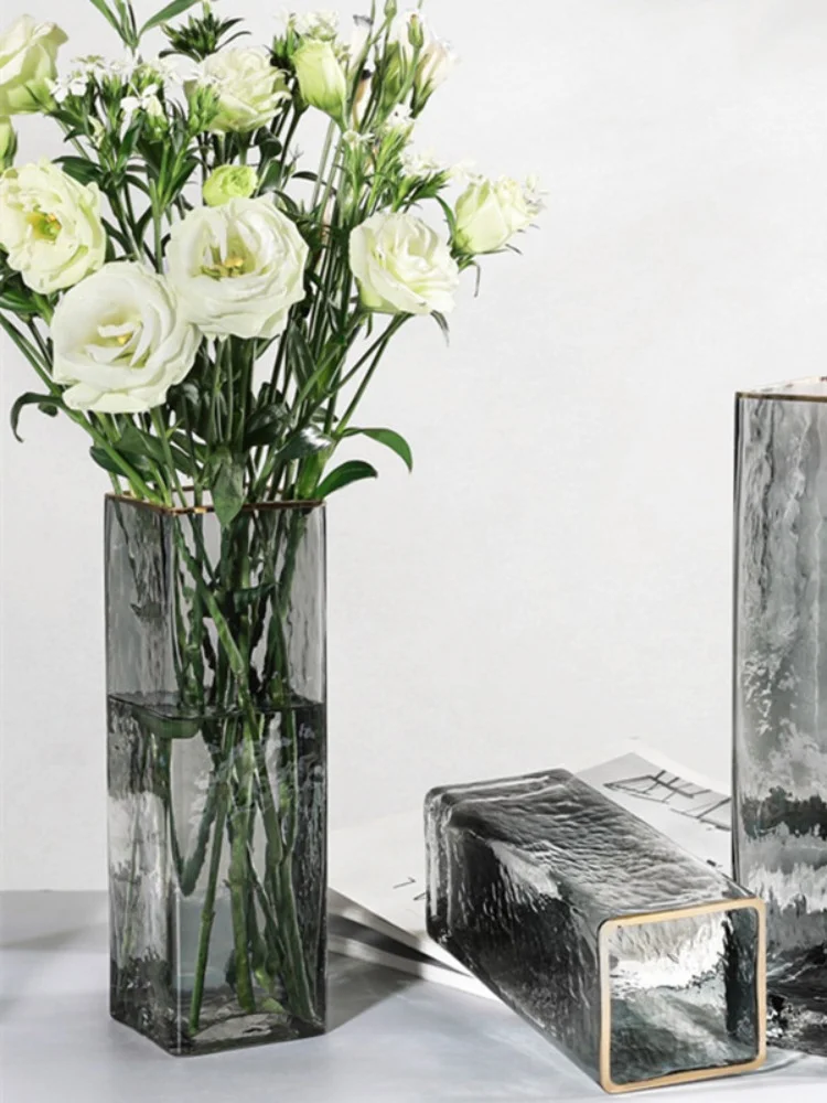 

Стеклянная ваза из Пномпеня, простая прозрачная ваза с рисунком розы, лилии, водных цветов, квадратная банка с узором молота, украшение для д...