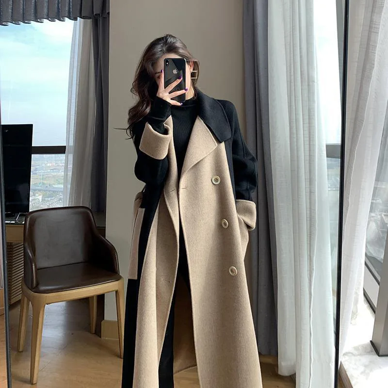 

2022 Woolen Coat Women Double- Breasted Camel Contrast Wool Outwear Spliced Korean Loose Casual Wool Coat Belt Retro Windbreaker