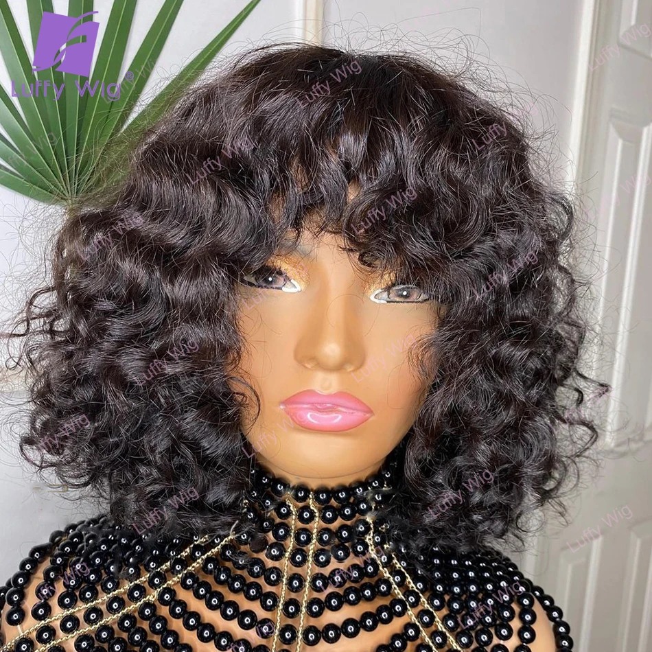 Short Curly Bob Human Hair Wigs For Women Brazilian Remy Hair No Lace Machine Made Wig With Bangs 200 Density Glueless Luffywig