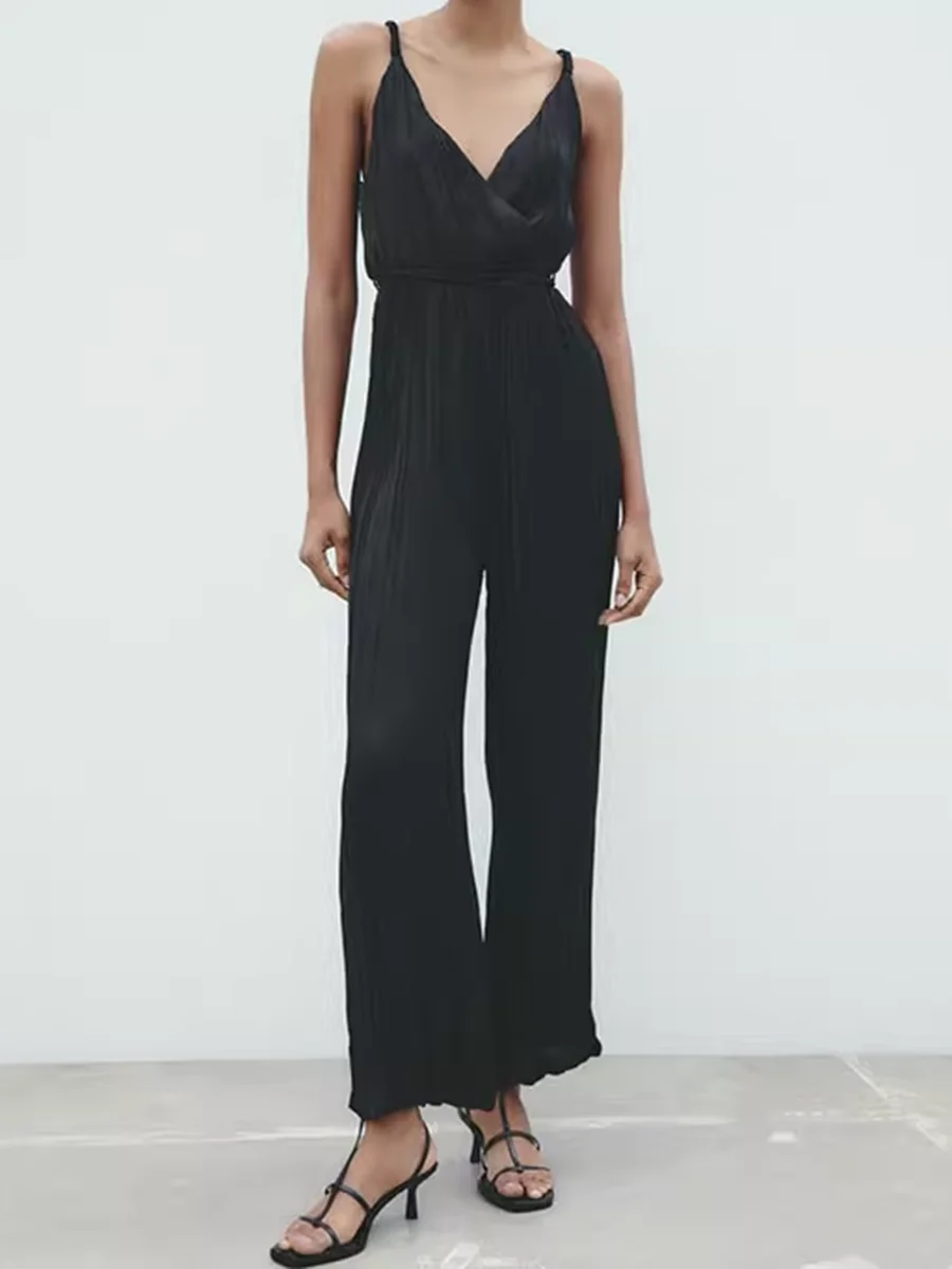 

Summer Fashion Folds Wide Leg Jumpsuit For Women V-neck Backless Sexy Soft Stain Cozy Playsuit Female Chic Long Jumpsuits Mujer