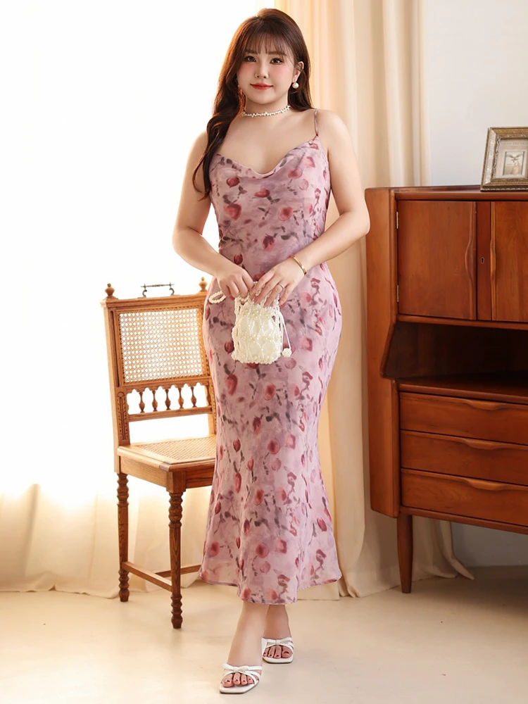 Женское шифоновое платье-годе на бретелях розовое платье большого размера с