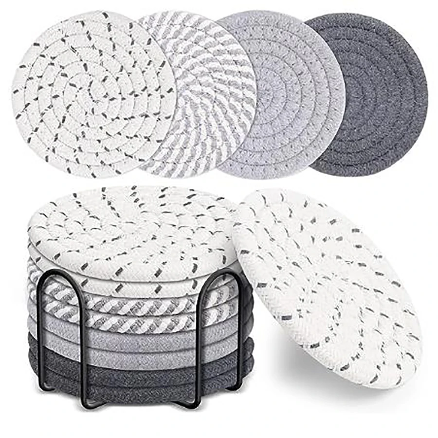 

8 Pcs Drink Coasters with Holder, Absorbent Coasters for Drinks,Cotton Woven，For Home Decor Tabletop Protection Suitable