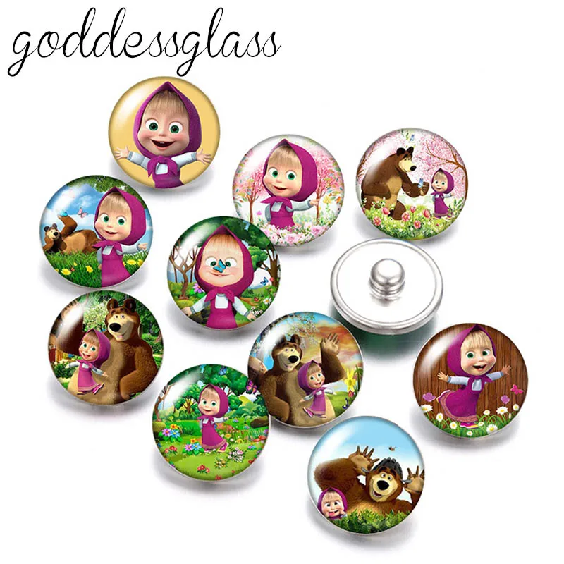 

Disney Cartoon Маша и Медведь Masha bear 10pcs Round photo 18mm snap buttons for 18mm snap necklace DIY jewelry