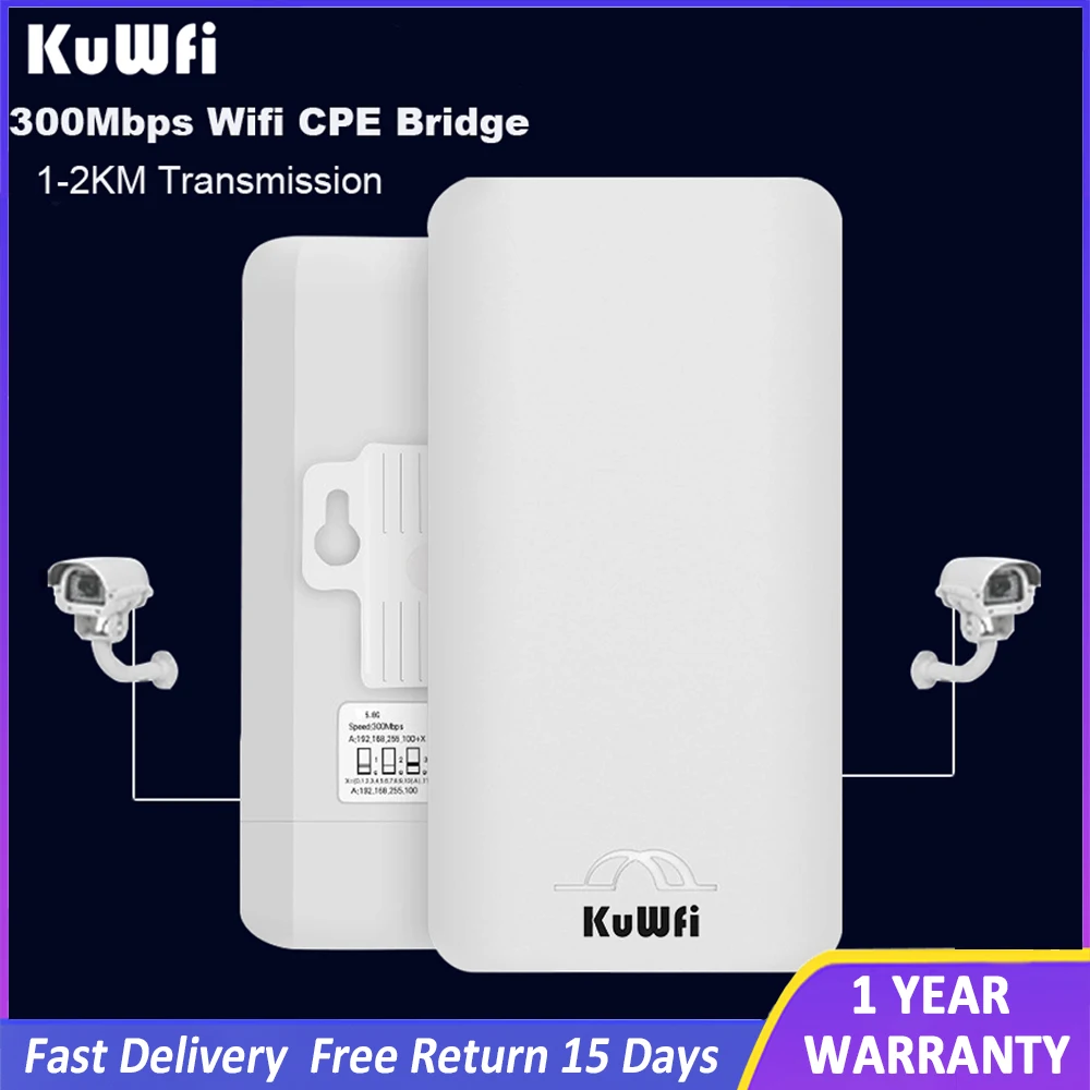 

KuWFI Wireless Bridge 2.4G 300Mbps Outdoor Wifi Repeater Point to Point Long Range Access 24V POE Adapter RJ45 Port
