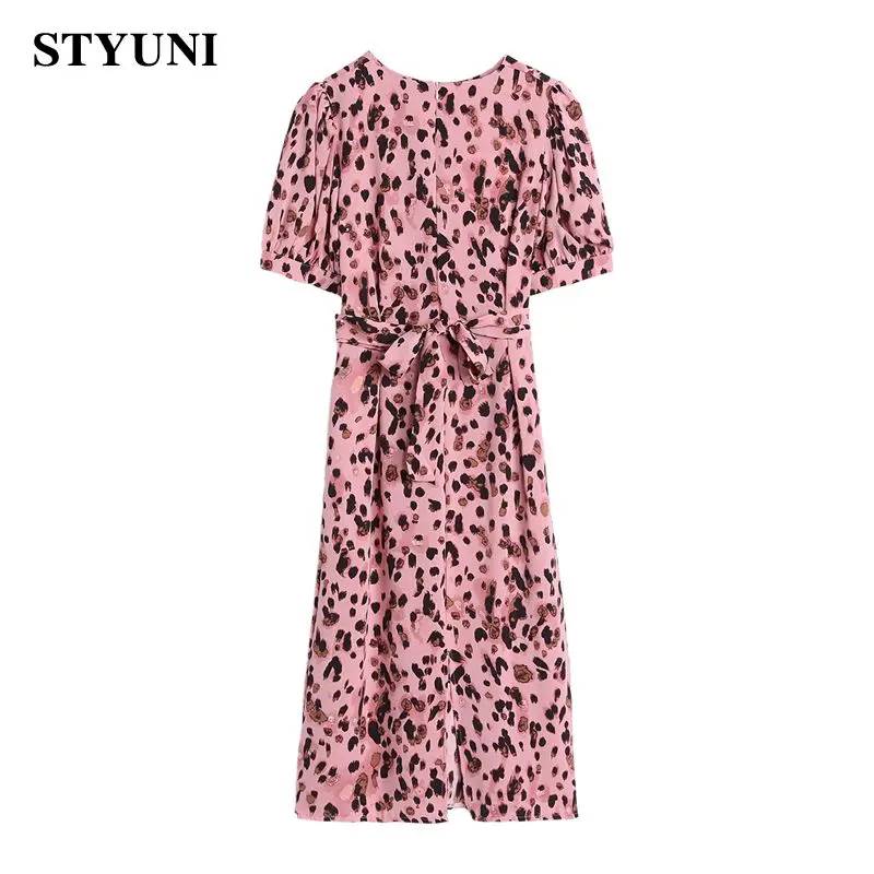 

Женское шифоновое платье с коротким рукавом, розовое элегантное платье до колена с леопардовым принтом, круглым вырезом и бантом, лето 2022