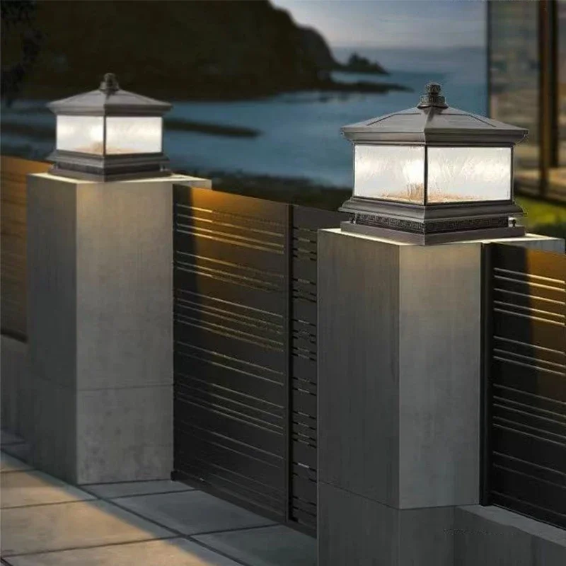 BRIGHTOutdoor Solar Post Lamp Vintage Creative Chinese Brass Pillar светильник светодиодный Waterproof IP65 для дома