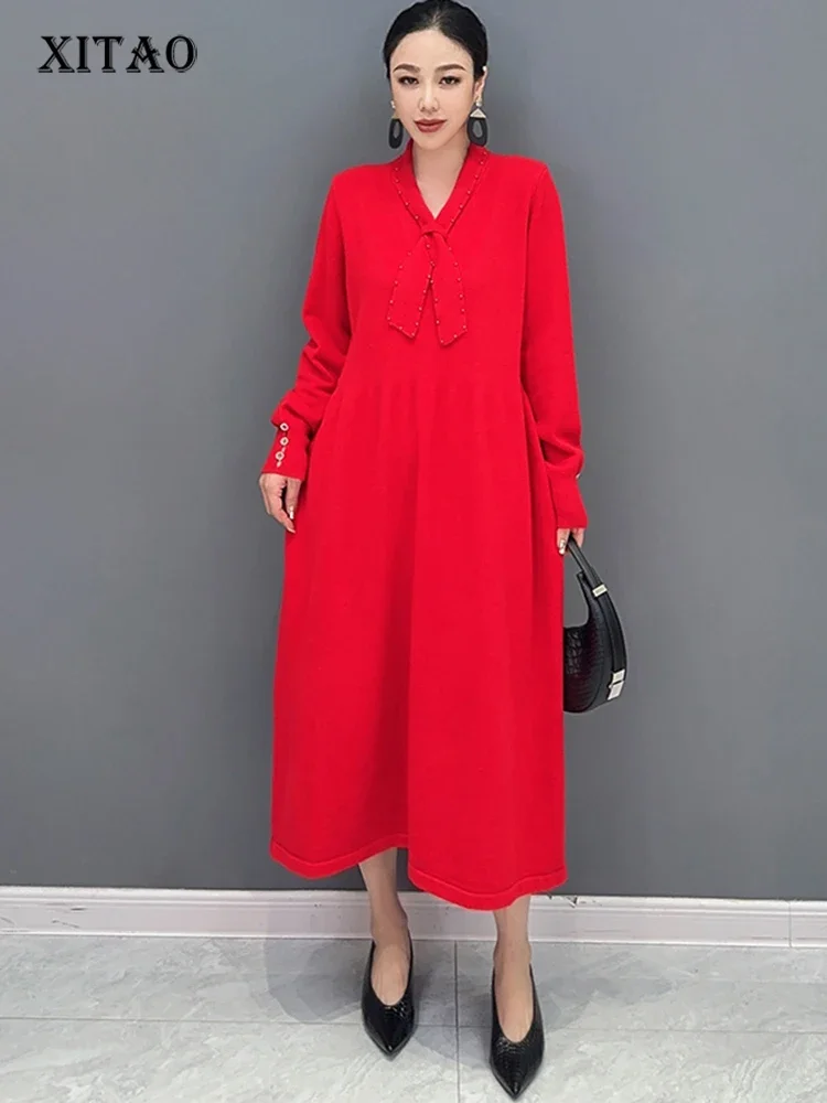

XITAO Full Sleeve V-neck Loose Dress Casual Solid Color Simplicity Temperament 2023 Autumn Women New Pullover Dress DMJ2717
