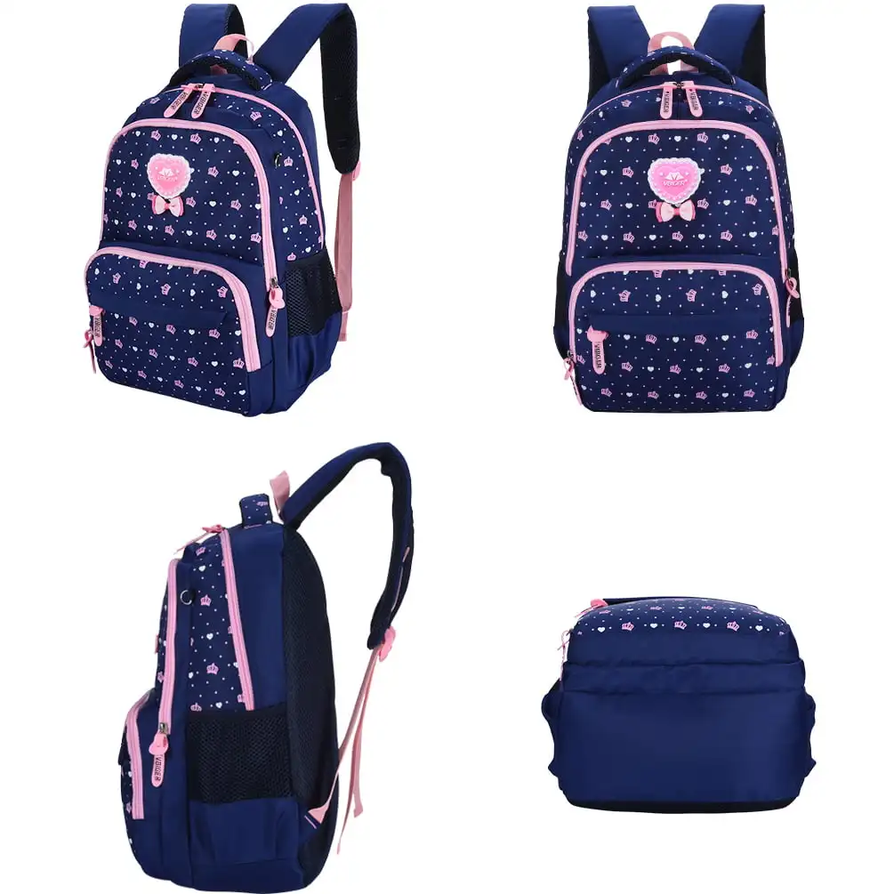 3-in-1 School Bags Casual Student Daypack Chic Nylon Style Lightweight Backpack Set for Teenage Girls, Dark Blue