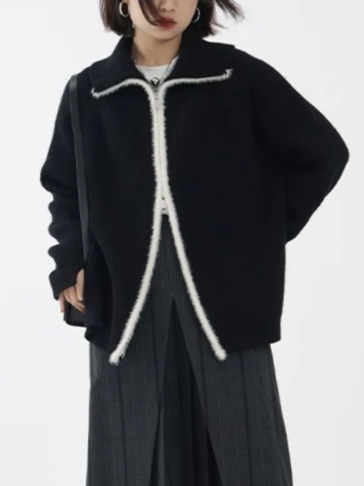 

Women Black Cardigan Coat Double Zippers Knitted Oversized Tops 2023 Ropa Mujer Streetwear Casual Korean Y2k Sweaters Jackets