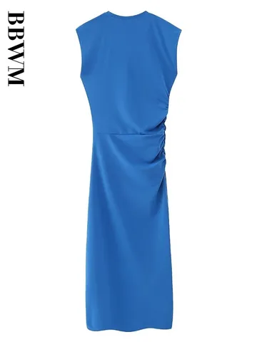 Blue Dress Woman Ruched Midi Dresses Women 2023 O Neck Vintage Sleeveless Bodycon Dress Chic Female Summer Slim Long Dress