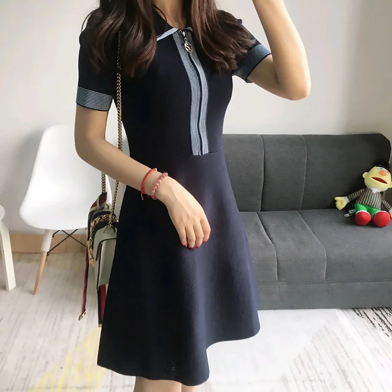 

Fashionable Women's Dress Lapel Short Sleeve Slim Knit Elegant Commuter Dress