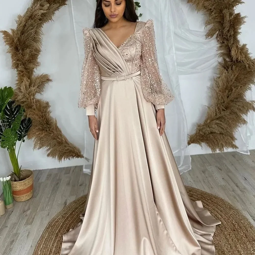 

FLORINE TULIRAIN Elegant V-Neck Full Sleeve A Line Evening Dress Floor-Length Fashion Formal Prom Gown New For Women 2023